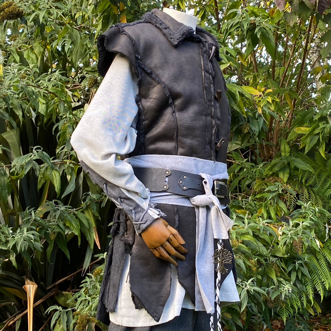 Demon Hunter LARP Outfit - 4 Pieces; Layered Faux Leather Waistcoat, Grey Tone Shirt, Pants, Sash - Chows Emporium Ltd