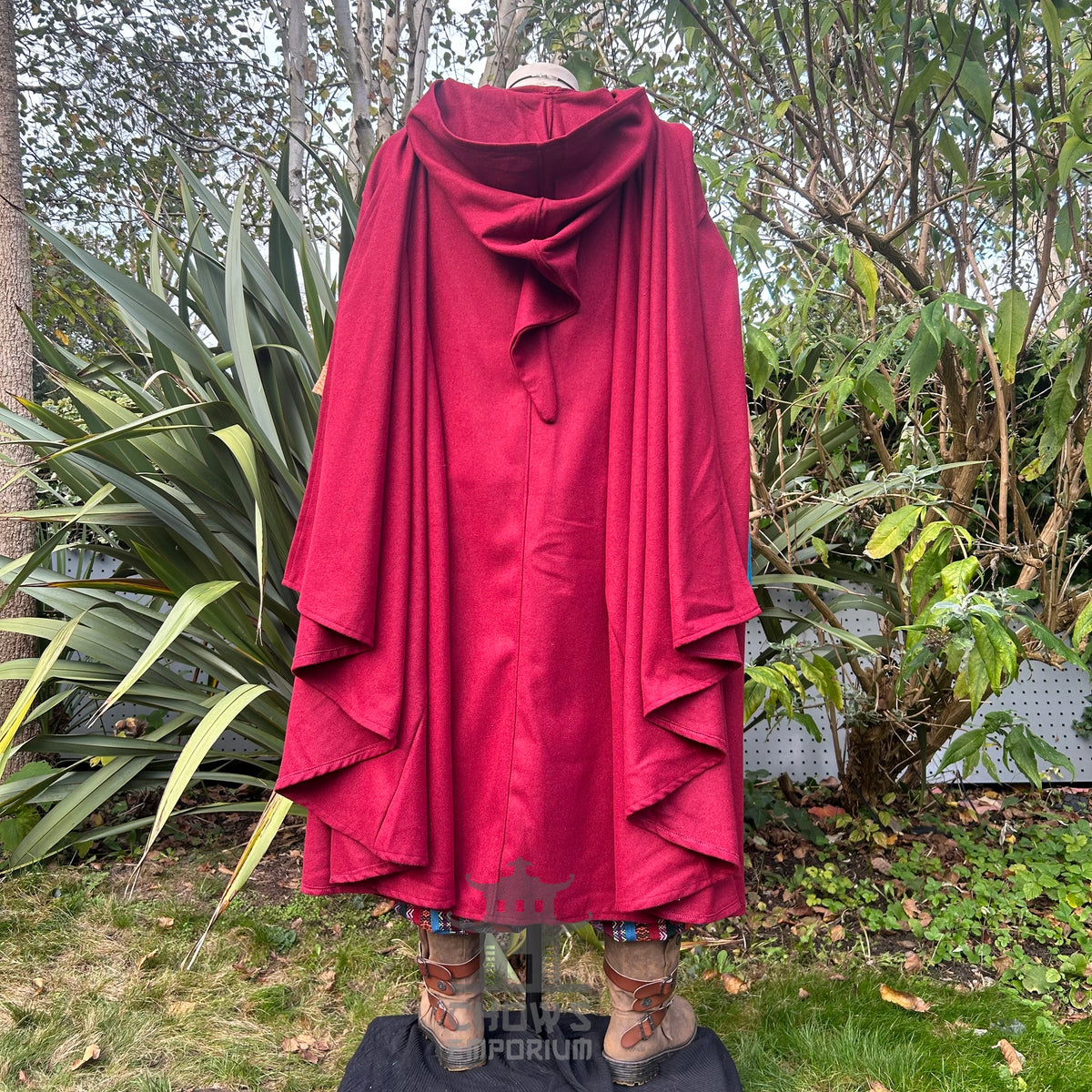 Draped back view of red wool LARP cloak, full-length medieval fantasy cosplay costume for nobles.
