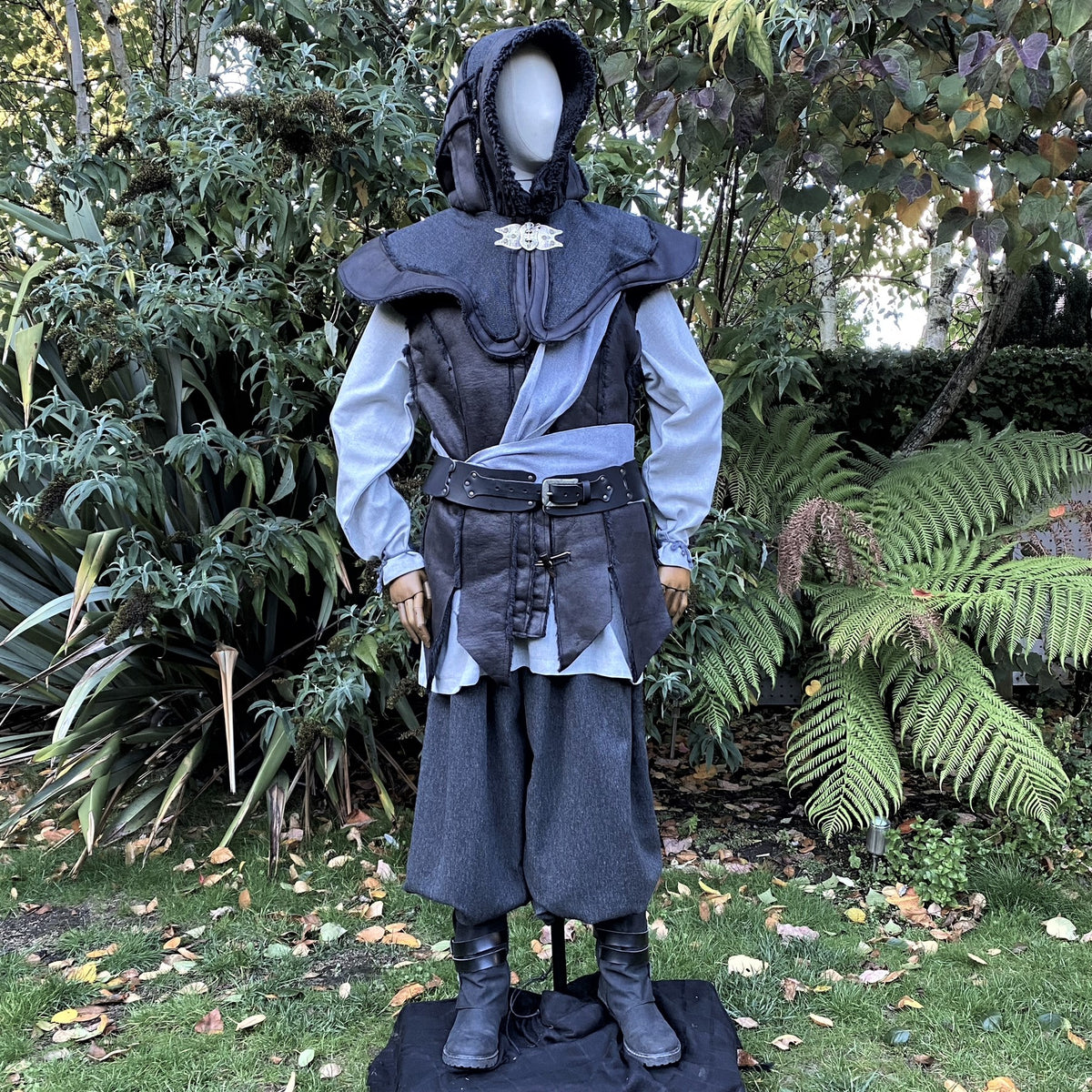 Dark LARP battle mage set: grey robe, hood, waistcoat, and sash.