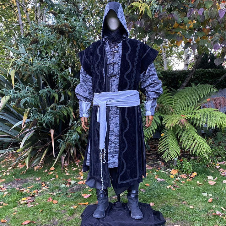 Dark King LARP Outfit - 4 Pieces; Black Panel Waistcoat, Robe, Hood, Sash - Chows Emporium Ltd