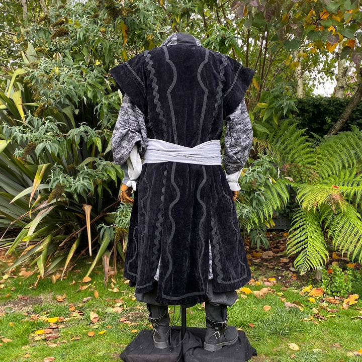 LARP Panelled Waistcoat - Black - Suede Effect Fabric with Ornate Braiding - Chows Emporium Ltd
