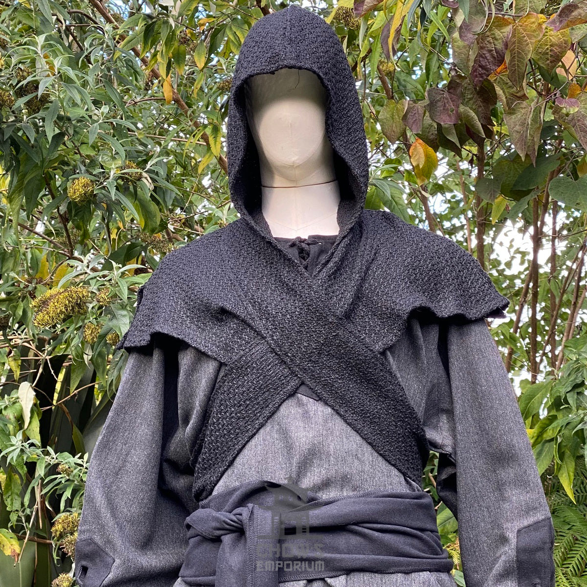Dark grey LARP warlock costume with hood and textured waistcoat. Front view.