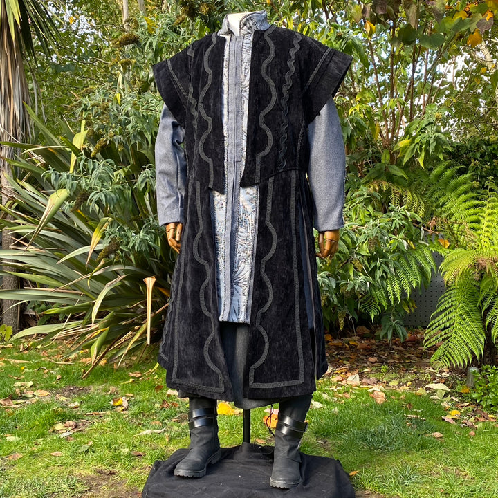 Dark King LARP Outfit - 4 Pieces; Black Panel Waistcoat, Robe, Wrap Around Hood, Sash - Chows Emporium Ltd