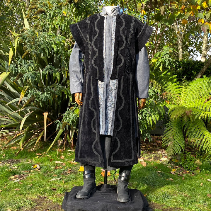 Dark King LARP Outfit - 4 Pieces - Black Panel Waistcoat, Jacket, Hood, Sash - Chows Emporium Ltd
