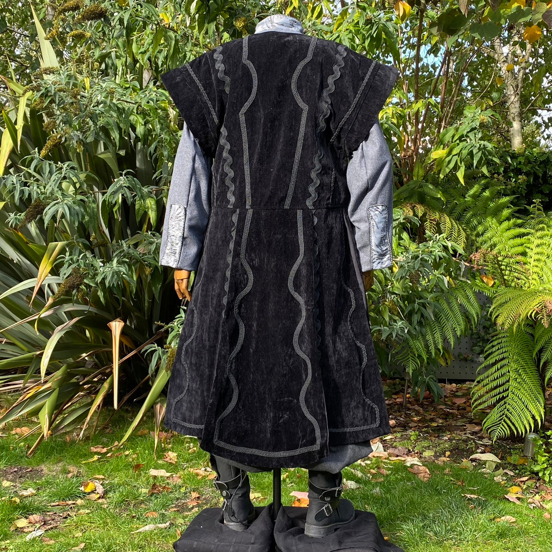 LARP Panelled Waistcoat - Black - Suede Effect Fabric with Ornate Braiding - Chows Emporium Ltd