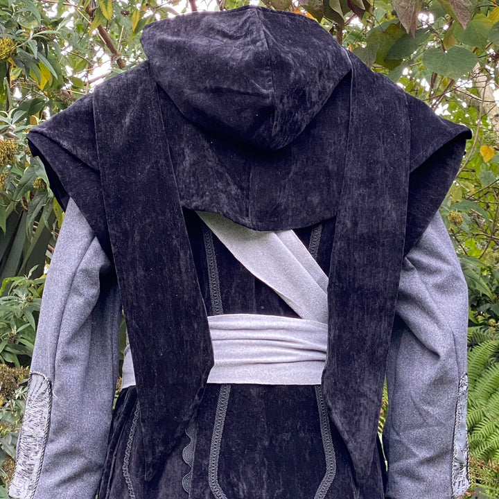 Wize Wizard LARP Outfit - 2 Piece; Grey Suede Effect Panel Waistcoat, Hood - Chows Emporium Ltd