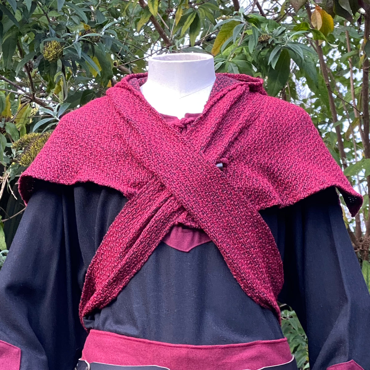 Red wool scarf hood in crisscross style for LARP.