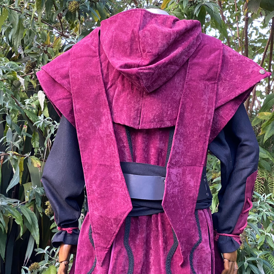 Crimson Warlock LARP Outfit - 2 Piece; Red Suede Effect Panel Waistcoat and Hood - Chows Emporium Ltd