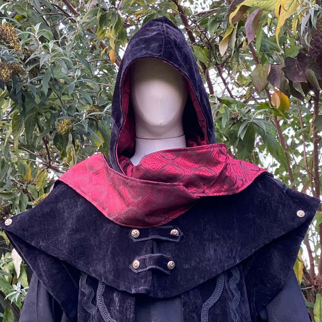 Blood Mage LARP Outfit - 2 Pieces; Black and Red with Suede Effect Waistcoat and Hood - Chows Emporium Ltd