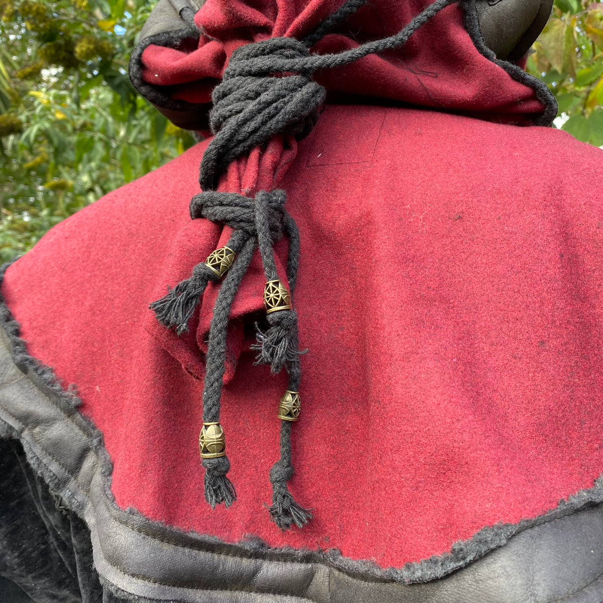 Black red medieval hood with ornate rope ties, detailed LARP back view.