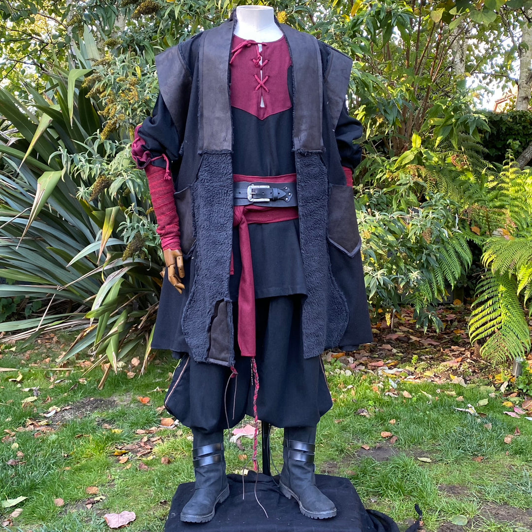 Shadow Warlock LARP Outfit - 4 Pieces; Black Faux Leather Fleece Lined Hood, Waistcoat, Tunic and Sash - Chows Emporium Ltd
