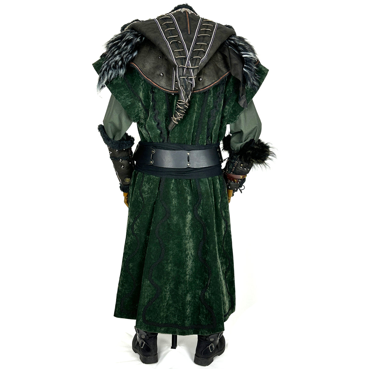 Green LARP alchemist costume, back view with hood, vambraces, and black belt.