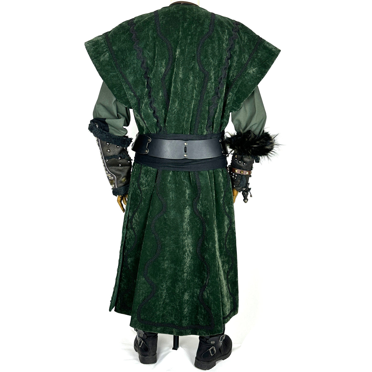 Green medieval waistcoat with black belt and fur cuffs, rear view LARP attire.