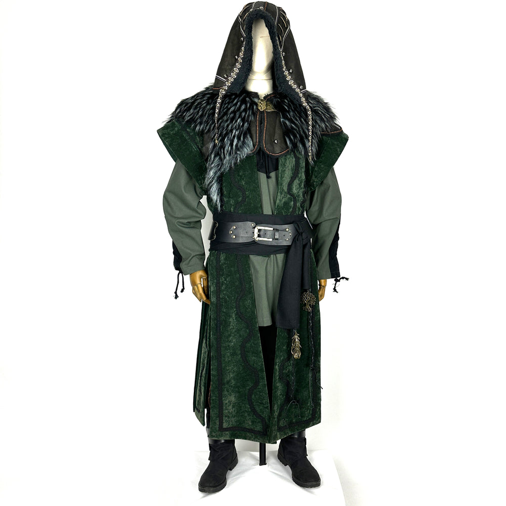 Front view of a medieval LARP costume, featuring a faux leather hood, long green suede-effect waistcoat, shirt, pants, woolen sash and necklace. For Ren Faire and roleplay events.