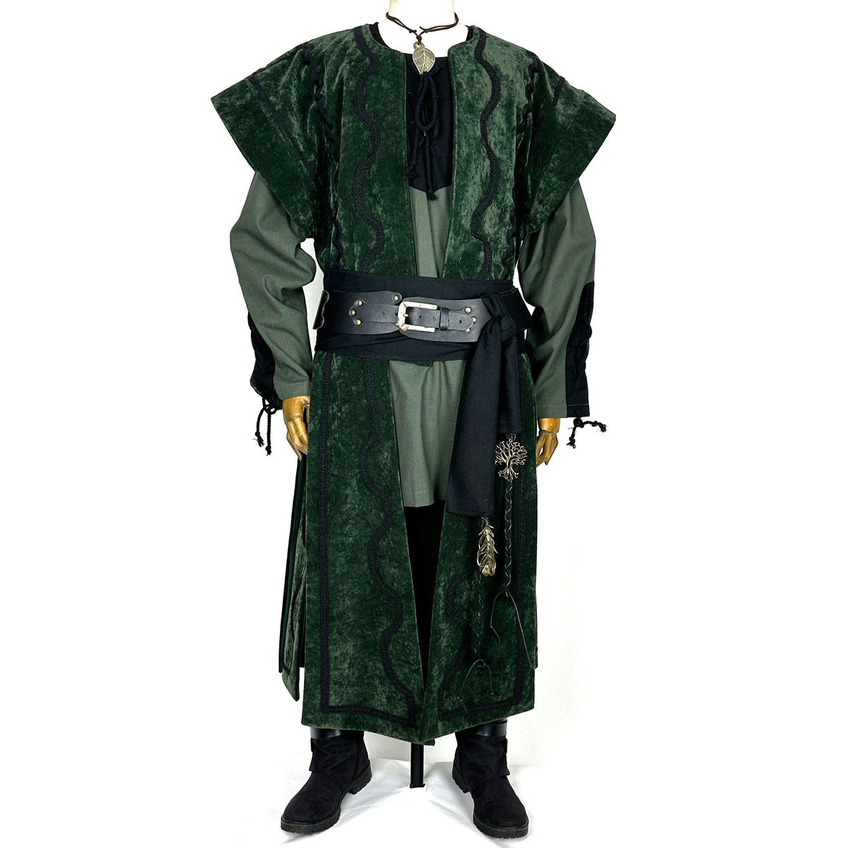 Green velvet LARP waistcoat set with hood, vambraces, and necklace.