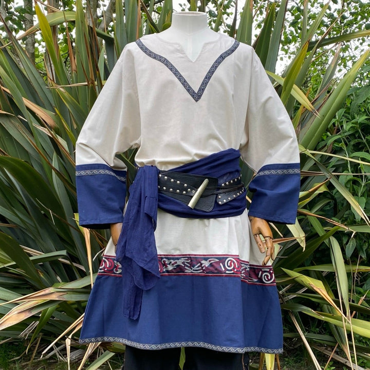 Viking Tunic in Two Tone White & Blue linen cotton with embroidery, for Cosplay, Renaissance Faire, LARP, Vikings, Medieval History events