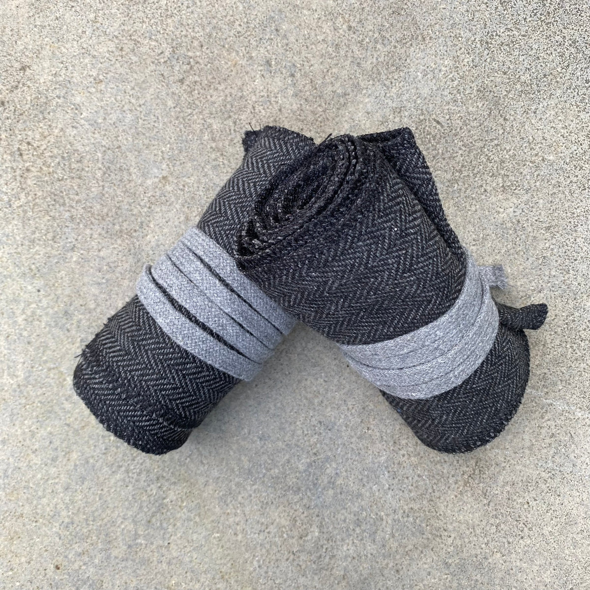 Grey and black herringbone wool wraps for LARP and medieval attire.