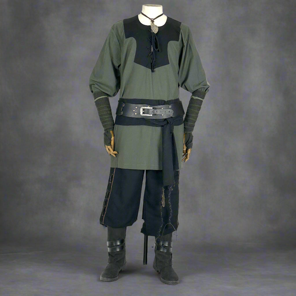 Green and black LARP druid set with jacket, trousers, vambraces, sash.