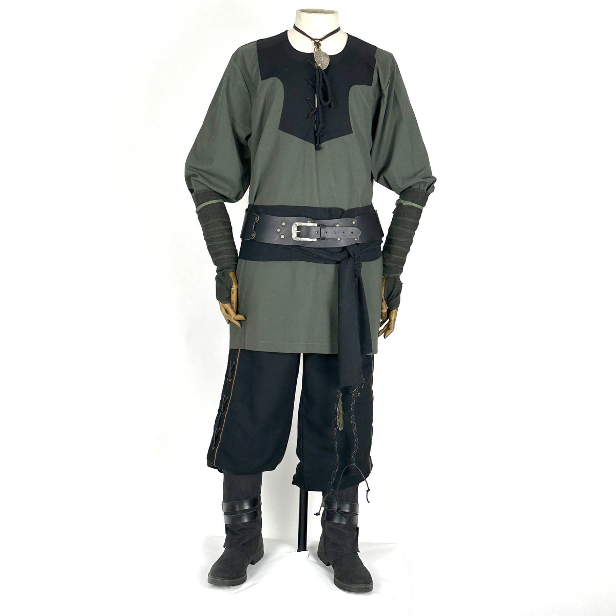 LARP medieval set with green waistcoat, hood, black pants, and leather sash.