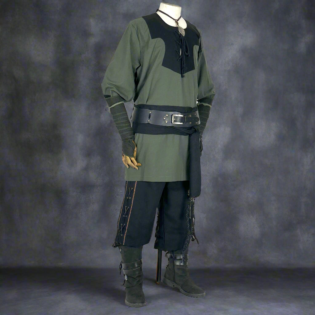 cotton Viking shirt in slate green and black for LARP and fair.