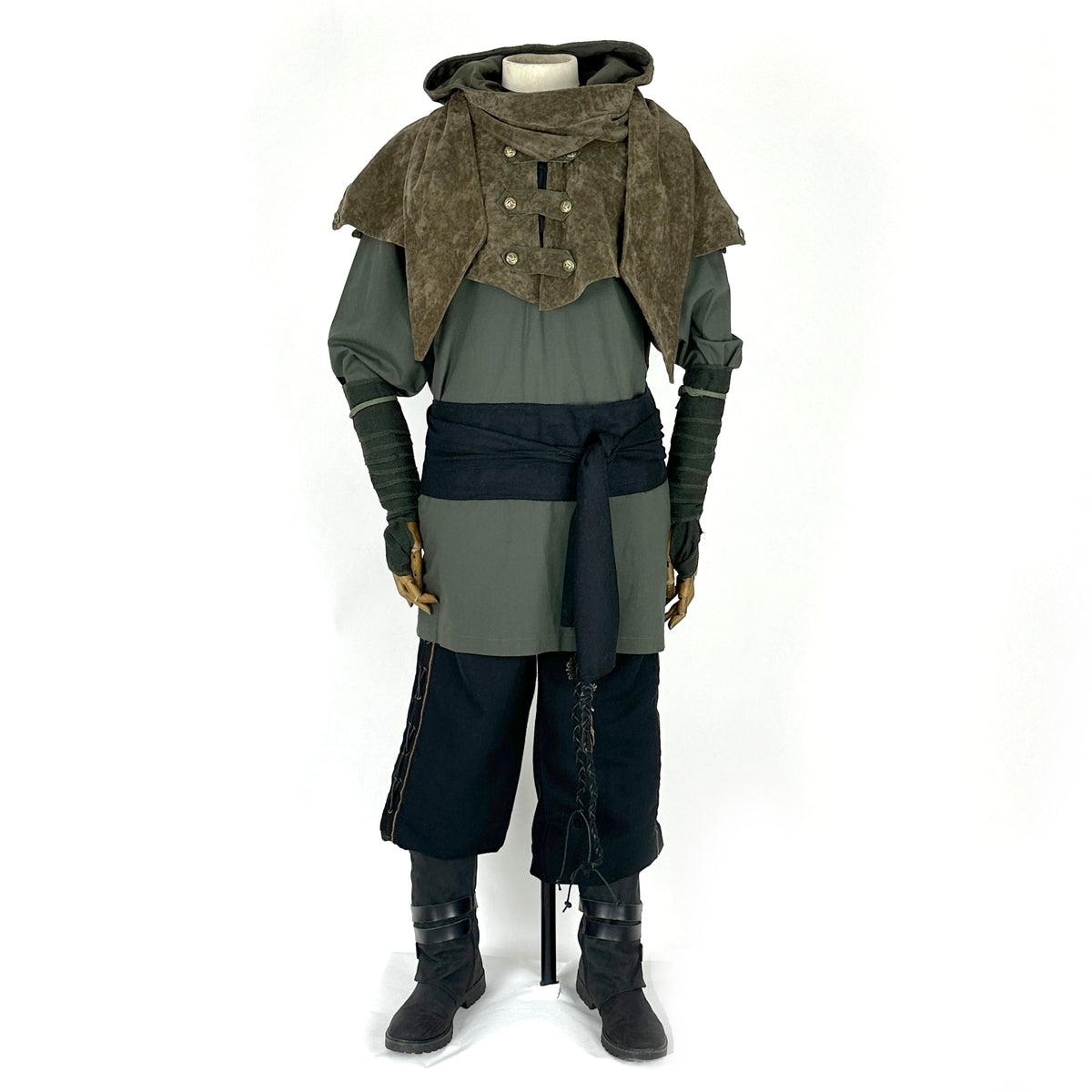 Green and black medieval LARP outfit with hood, arm wraps, sash, front angle.