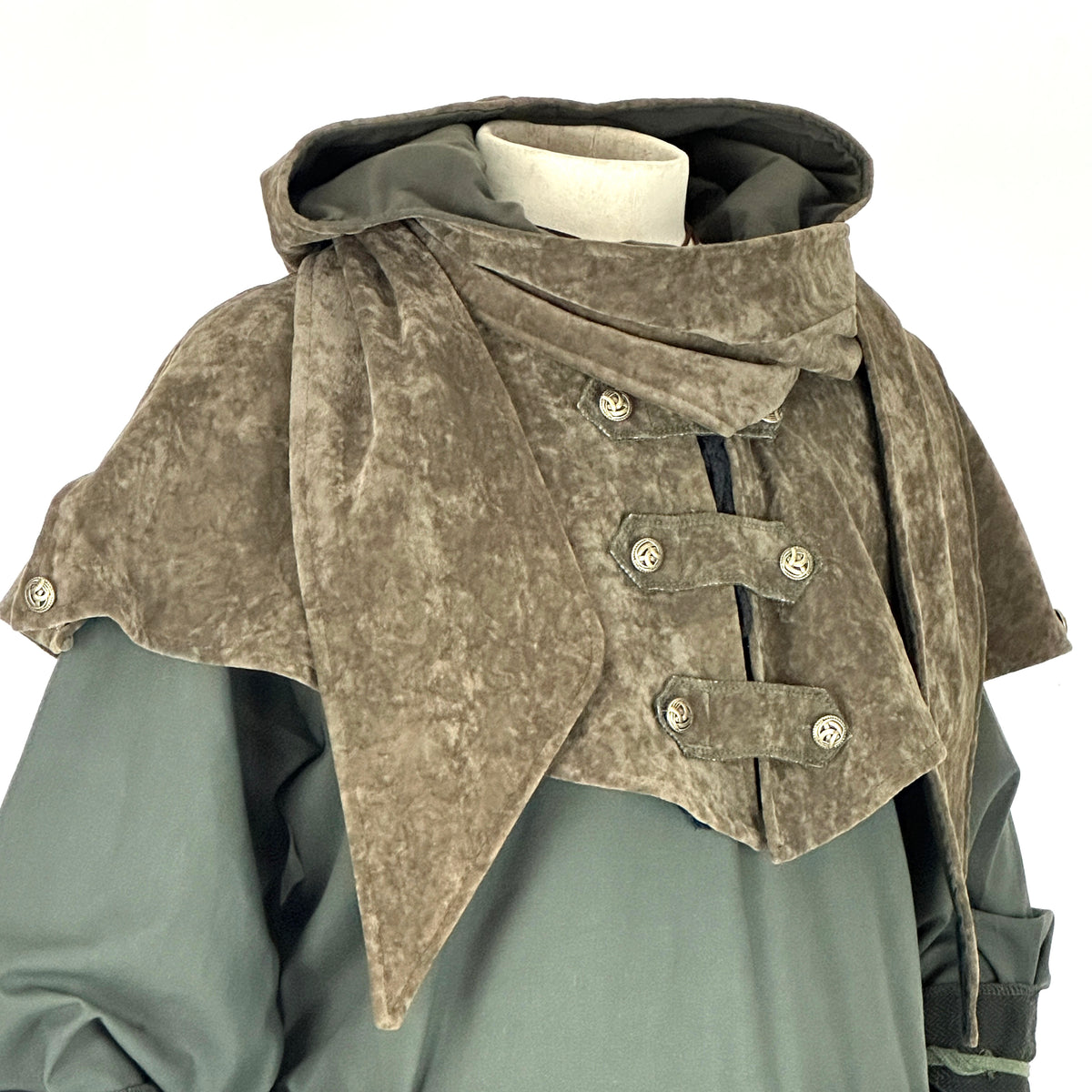 Medieval LARP outfit with green and black hood and brown velvet cape.