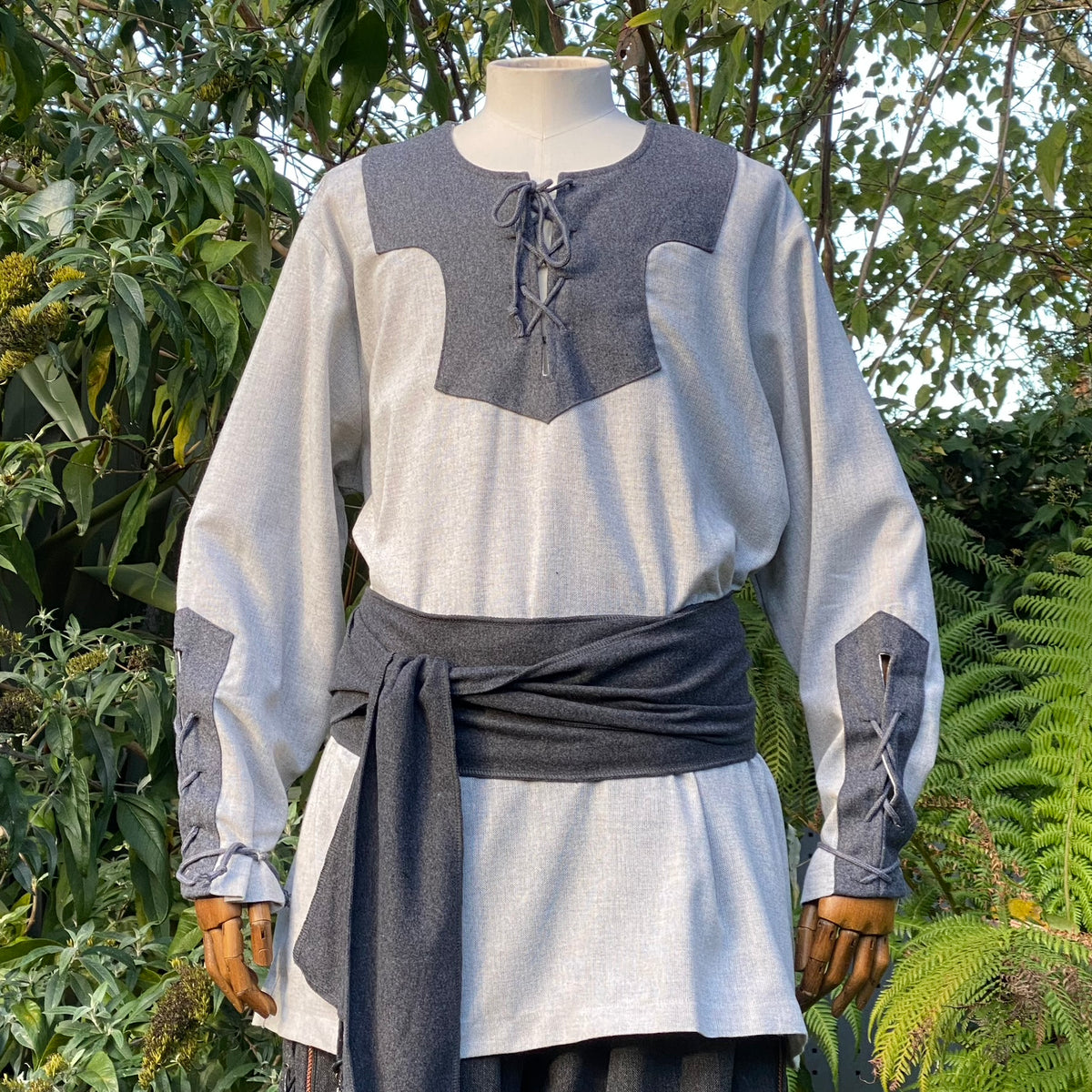 LARP medieval outfit close-up, front view with detailed grey sash.