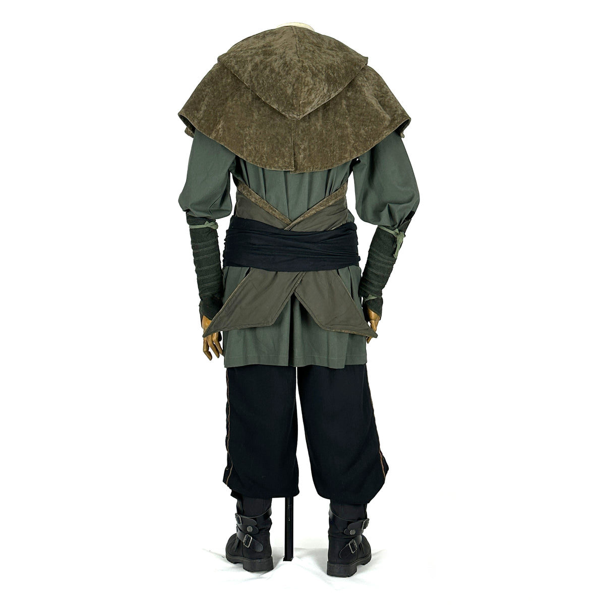Back view of green and black medieval LARP outfit with hood and arm wraps.