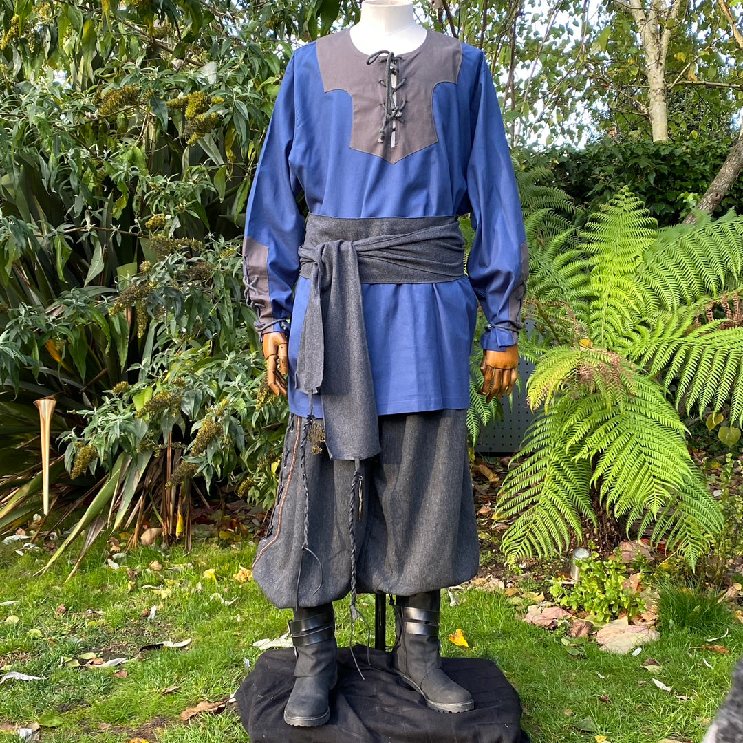 LARP Basic Outfit - 4 Pieces: Blue & Grey Shirt, Viking Pants, Hood and Sash - Chows Emporium Ltd