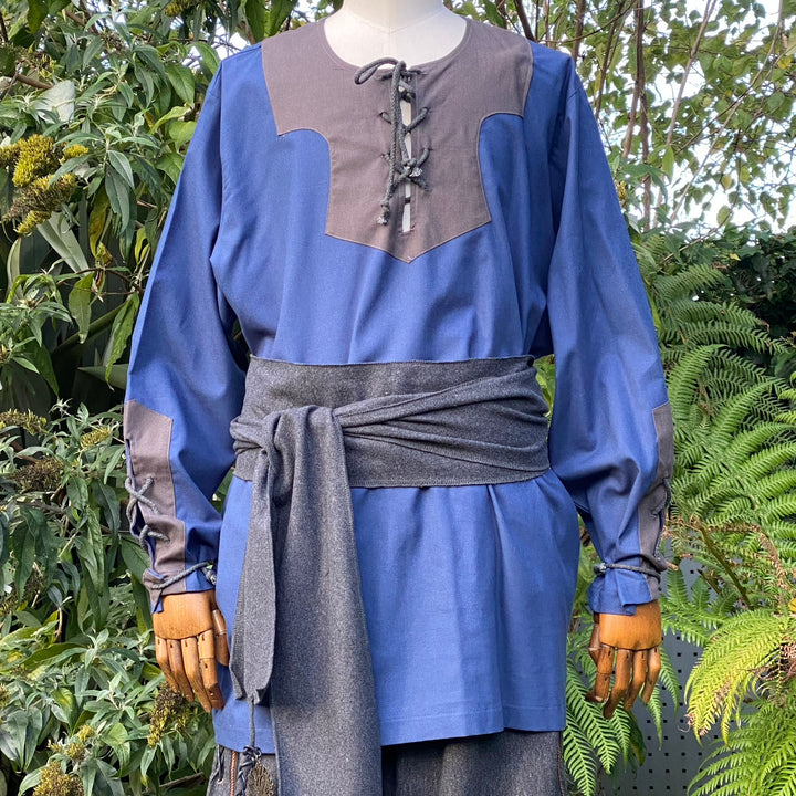 Storm Mage LARP Outfit - 5 Pieces; Blue Suede Effect Waistcoat, Hood, Shirt, Pants, Sash - Chows Emporium Ltd