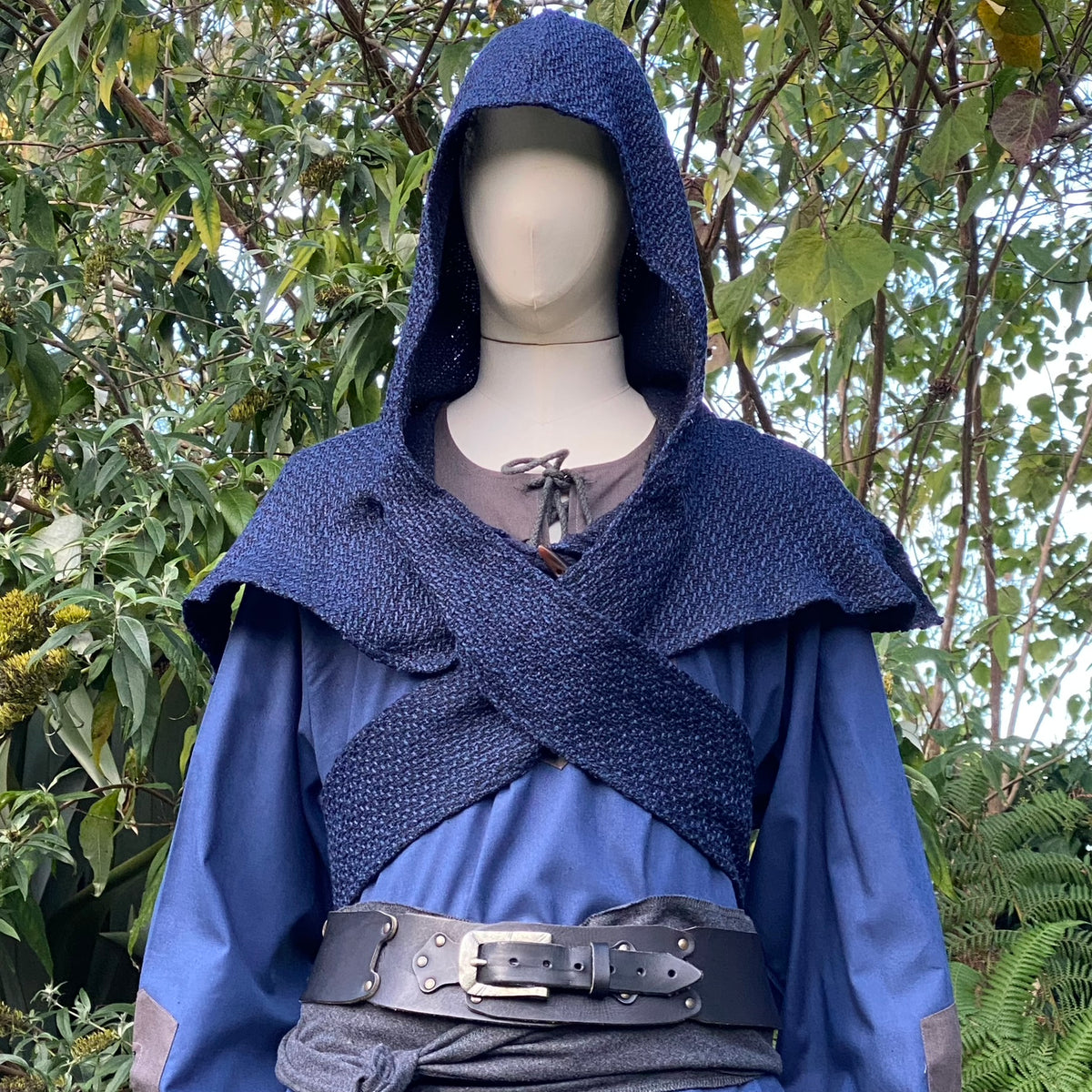 Blue Ocean Druid medieval LARP costume with hood, tunic, and belt.