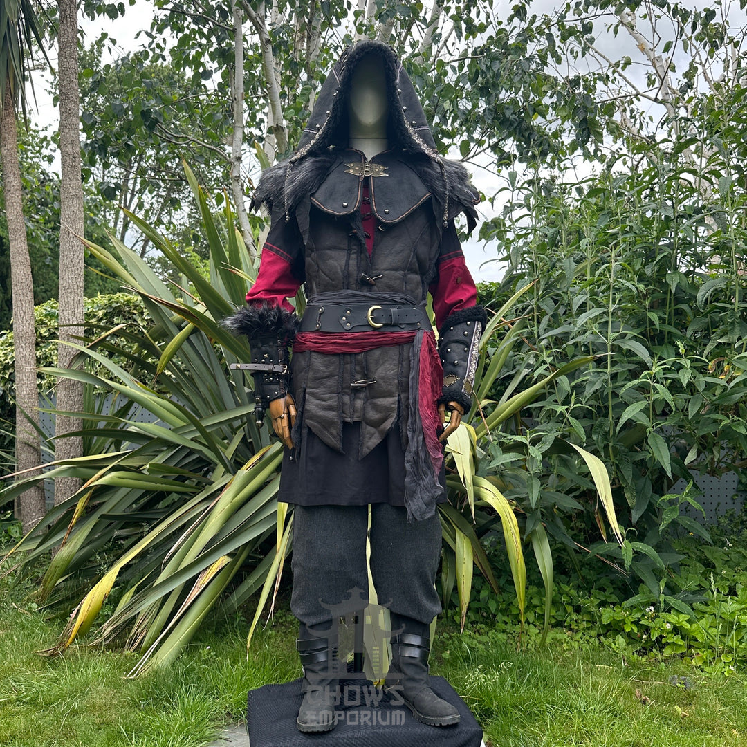 Tenue de LARP Storm Wizard - 5 pièces ; Gilet effet suède bleu, capuche, tunique, brassards, ceinture