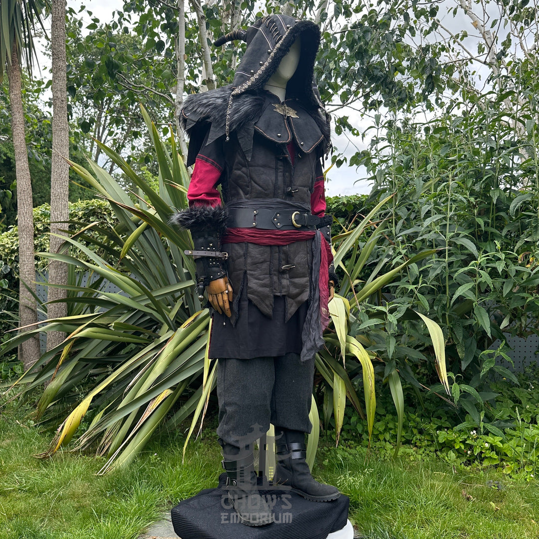 Tenue de LARP Storm Wizard - 5 pièces ; Gilet effet suède bleu, capuche, tunique, brassards, ceinture