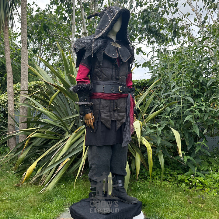 Tenue de LARP Storm Wizard - 5 pièces ; Gilet effet suède bleu, capuche, tunique, brassards, ceinture