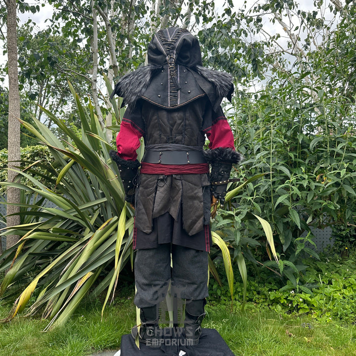 Tenue de LARP Storm Wizard - 5 pièces ; Gilet effet suède bleu, capuche, tunique, brassards, ceinture