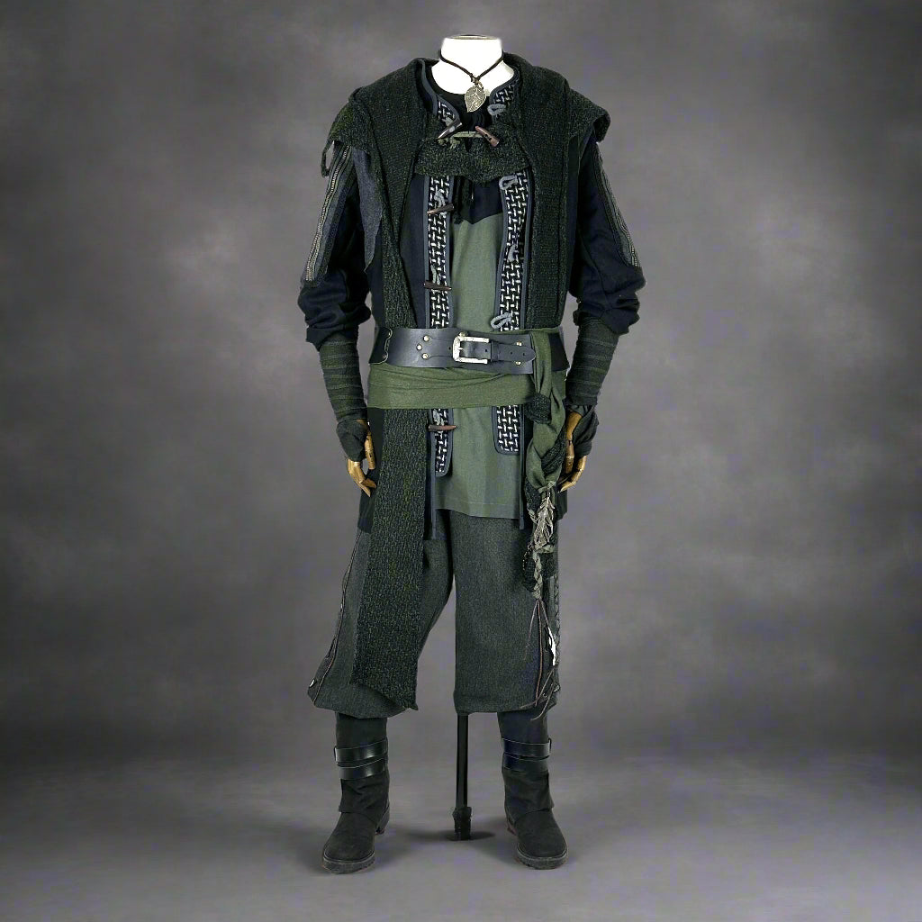 Viking-style slate green and black cotton shirt for medieval LARP events.