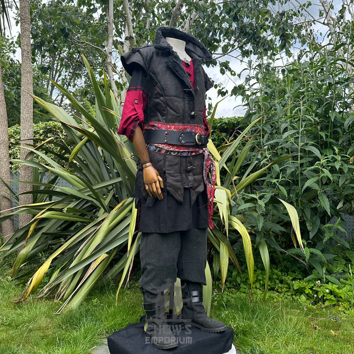 Tenue de LARP Storm Wizard - 5 pièces ; Gilet effet suède bleu, capuche, tunique, brassards, ceinture