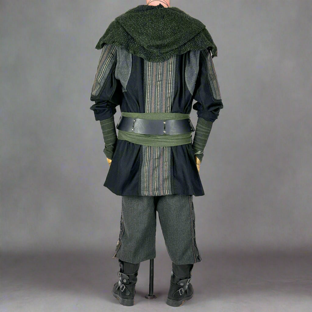 Medieval LARP costume back view featuring a jacket, tunic, hood, pants, and accessories.