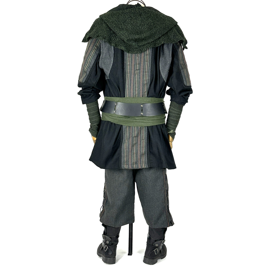 Mountain Druid LARP Outfit - 7 Pieces, Green Jacket, Wraparound Hood, Shirt, Pants, Arm Wraps, Sash and Necklace