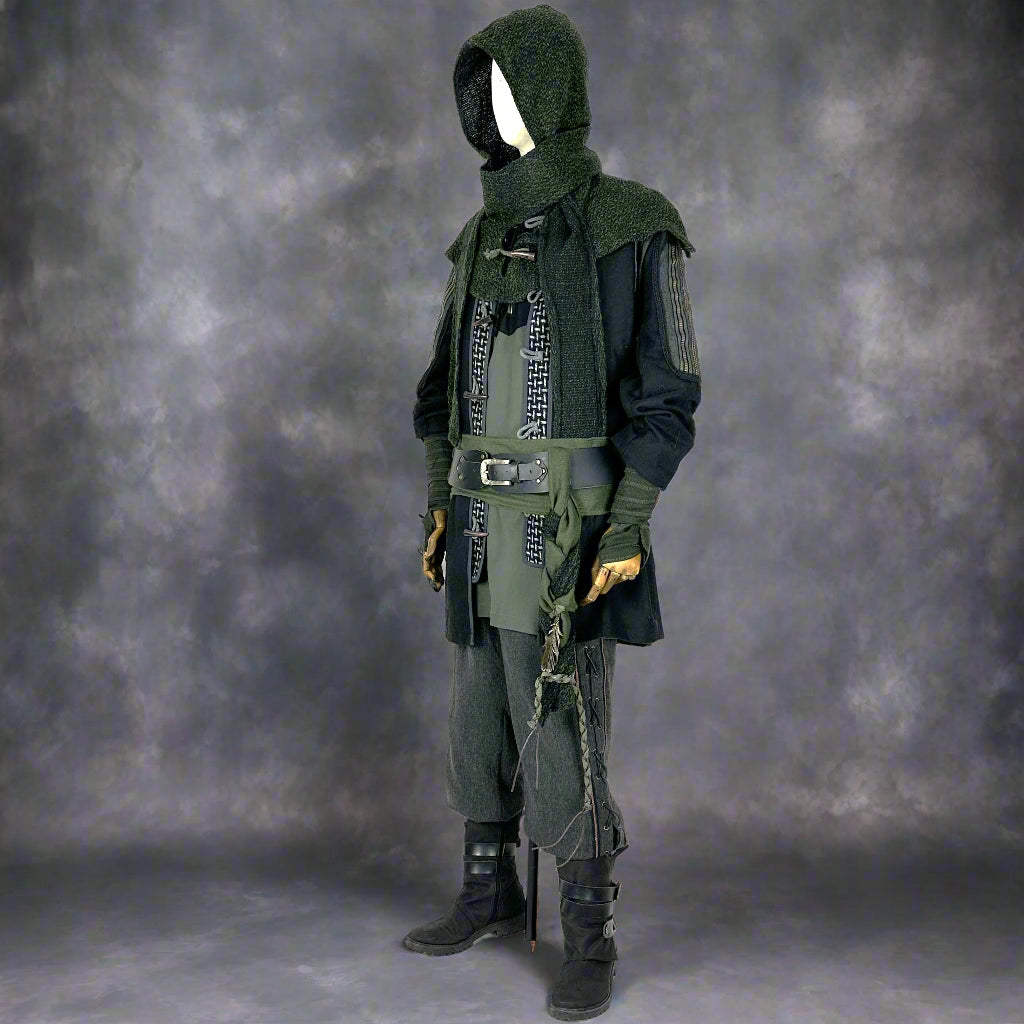 LARP costume set with dark hooded jacket, pants, and boots, side view.