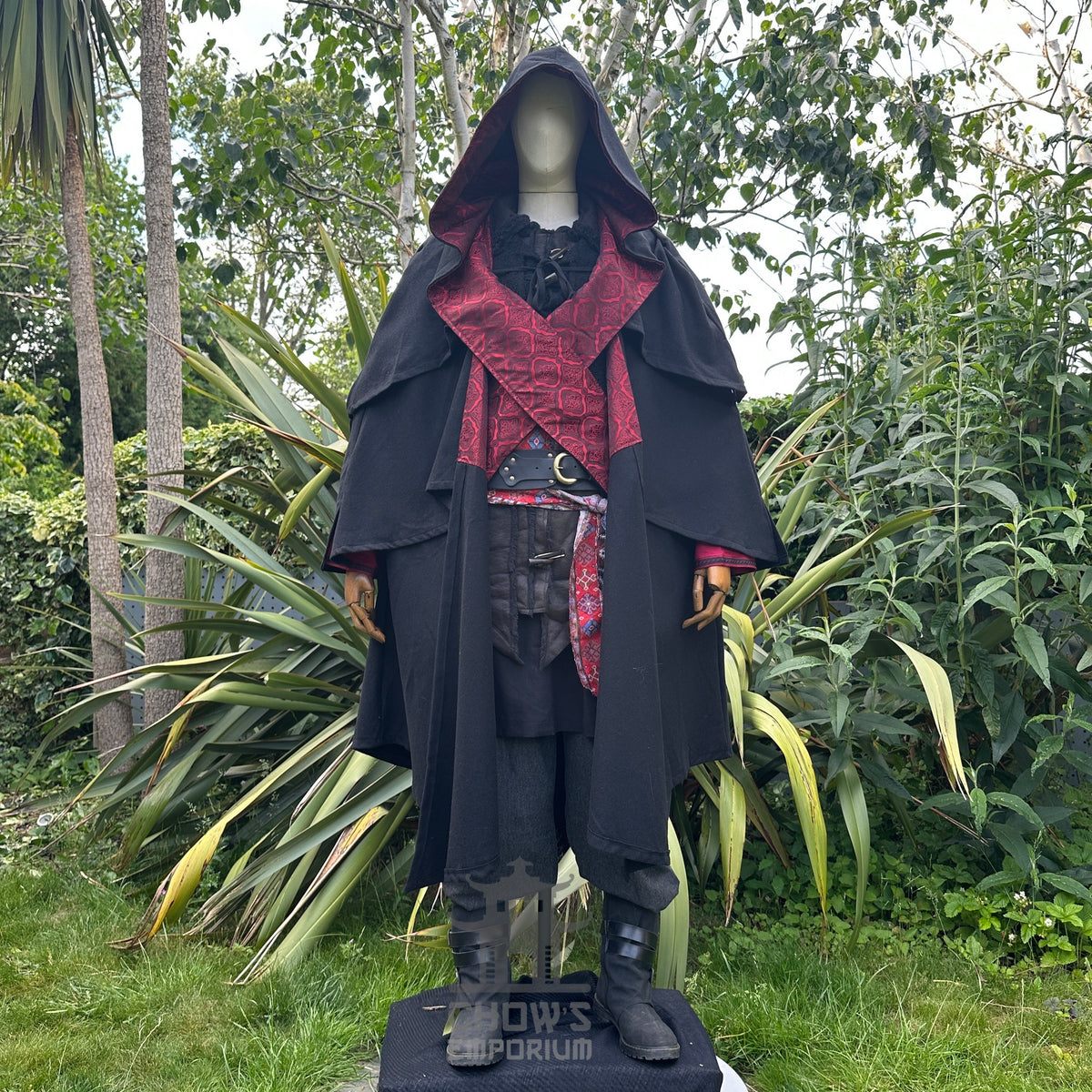 Front view of hooded black LARP cloak with red lining, medieval fantasy cosplay costume for.