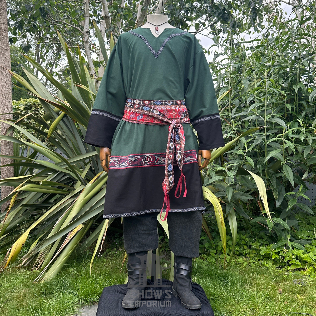 Medieval LARP outfit front view, red patterned sash.