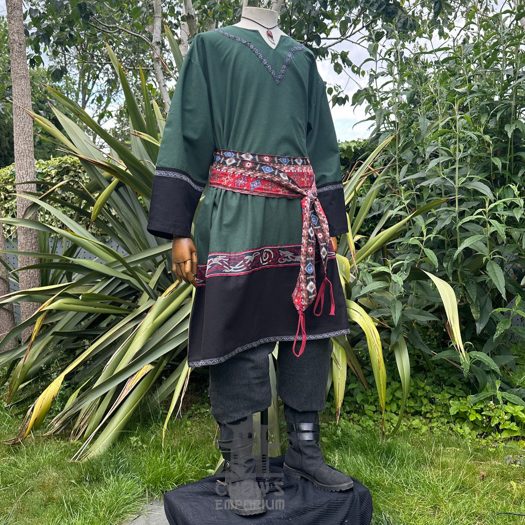 LARP-Wikinger-Tunika - Zweifarbig Grün &amp; Schwarz - Leinen-Baumwoll-Mix mit Stickerei