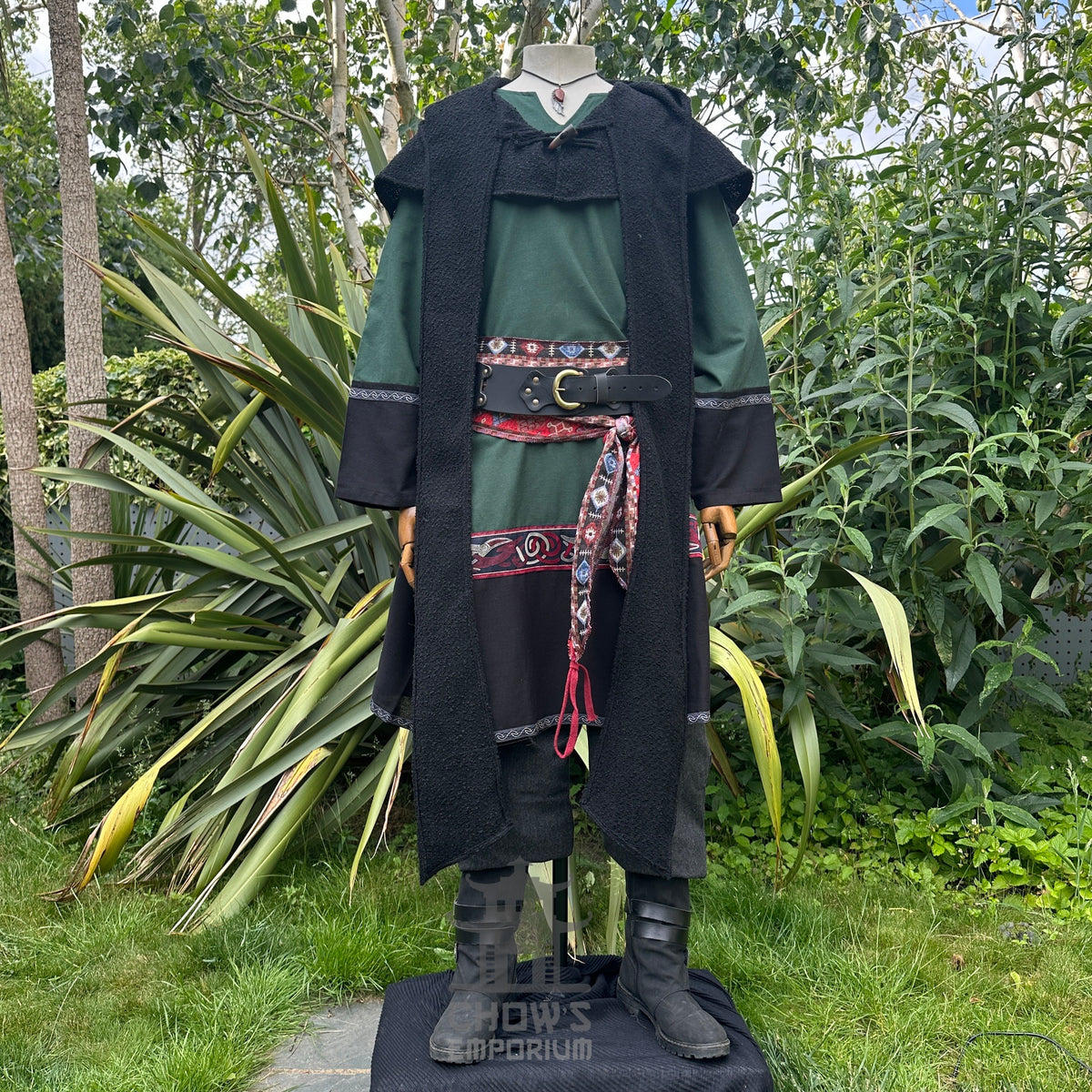 Emerald and black LARP outfit with tunic, hood, trousers, belt, and sash.