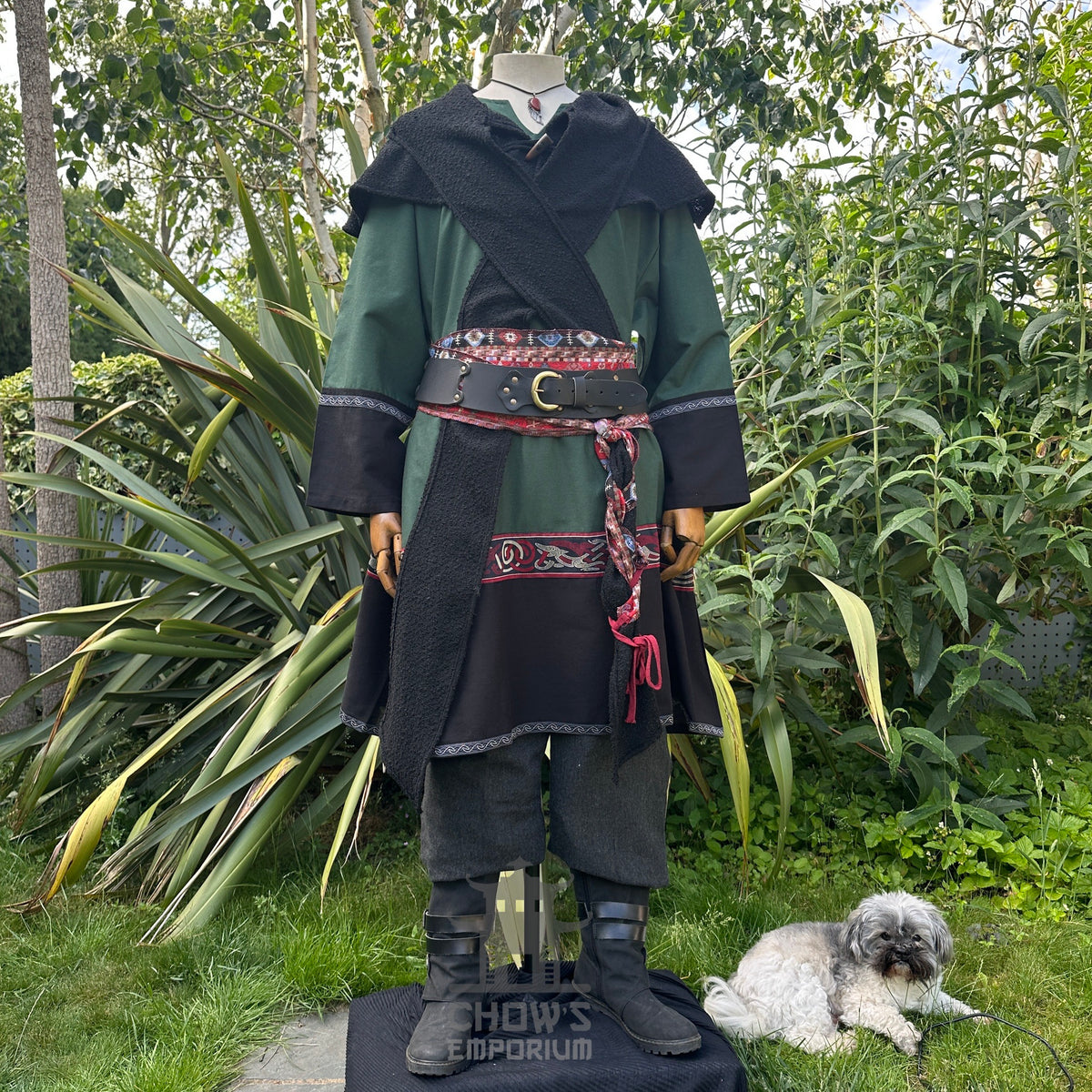 Green and black Viking tunic for LARP, front view with ornate details.