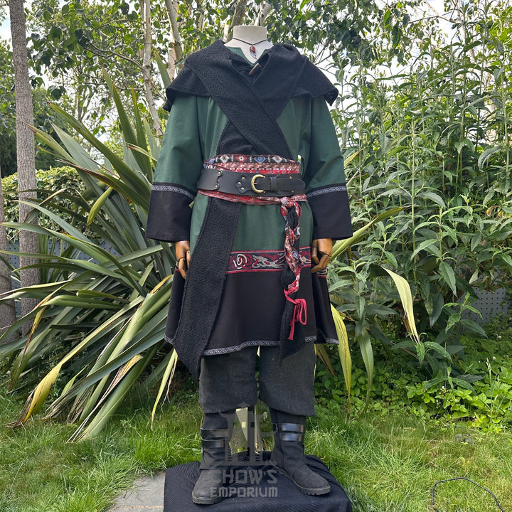 LARP-Outfit für Schurken-Druiden – 7 Teile: Jacke, Kapuze, Armschienen, Tunika, Hose, Gürtel, Schärpe