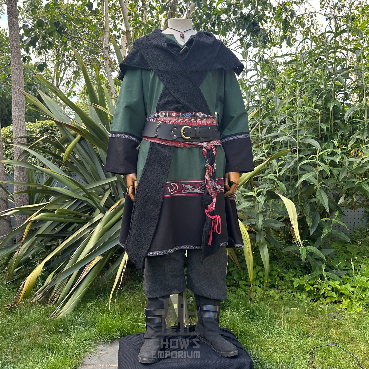 Emerald green LARP outfit set with tunic, hood, belt, sash, trousers.