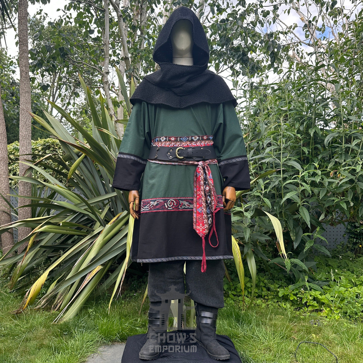 LARP green and black outfit with tunic, hood, trousers, sash, front view.