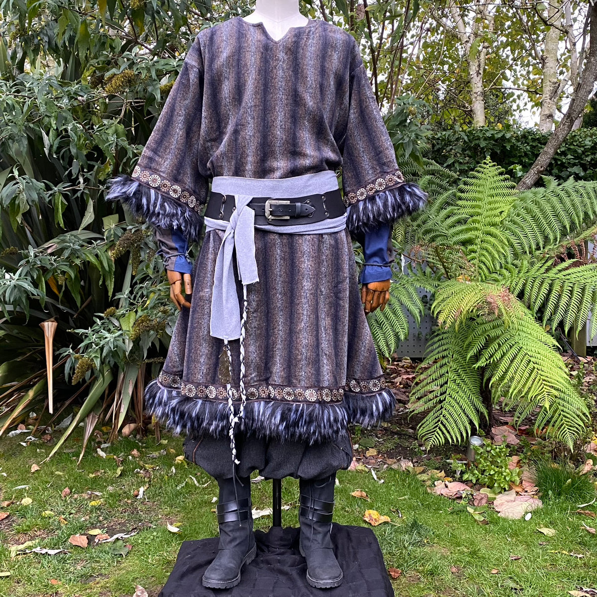 Arcane Warrior LARP set with blue tunic, hood, trousers, and sash.