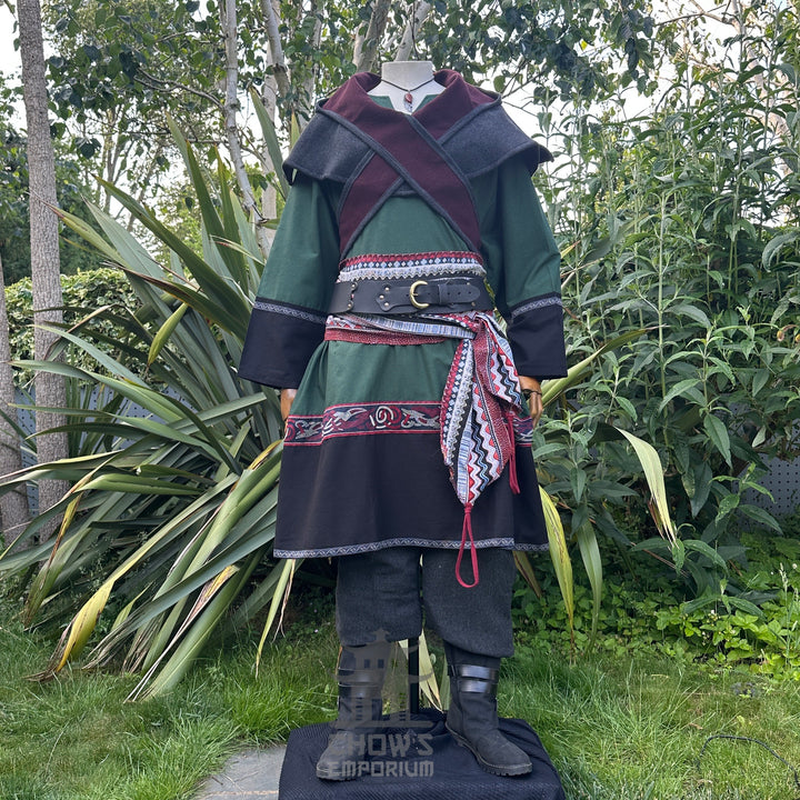 Tenue de base LARP - 3 pièces : tunique, pantalon et ceinture bicolores vert et noir